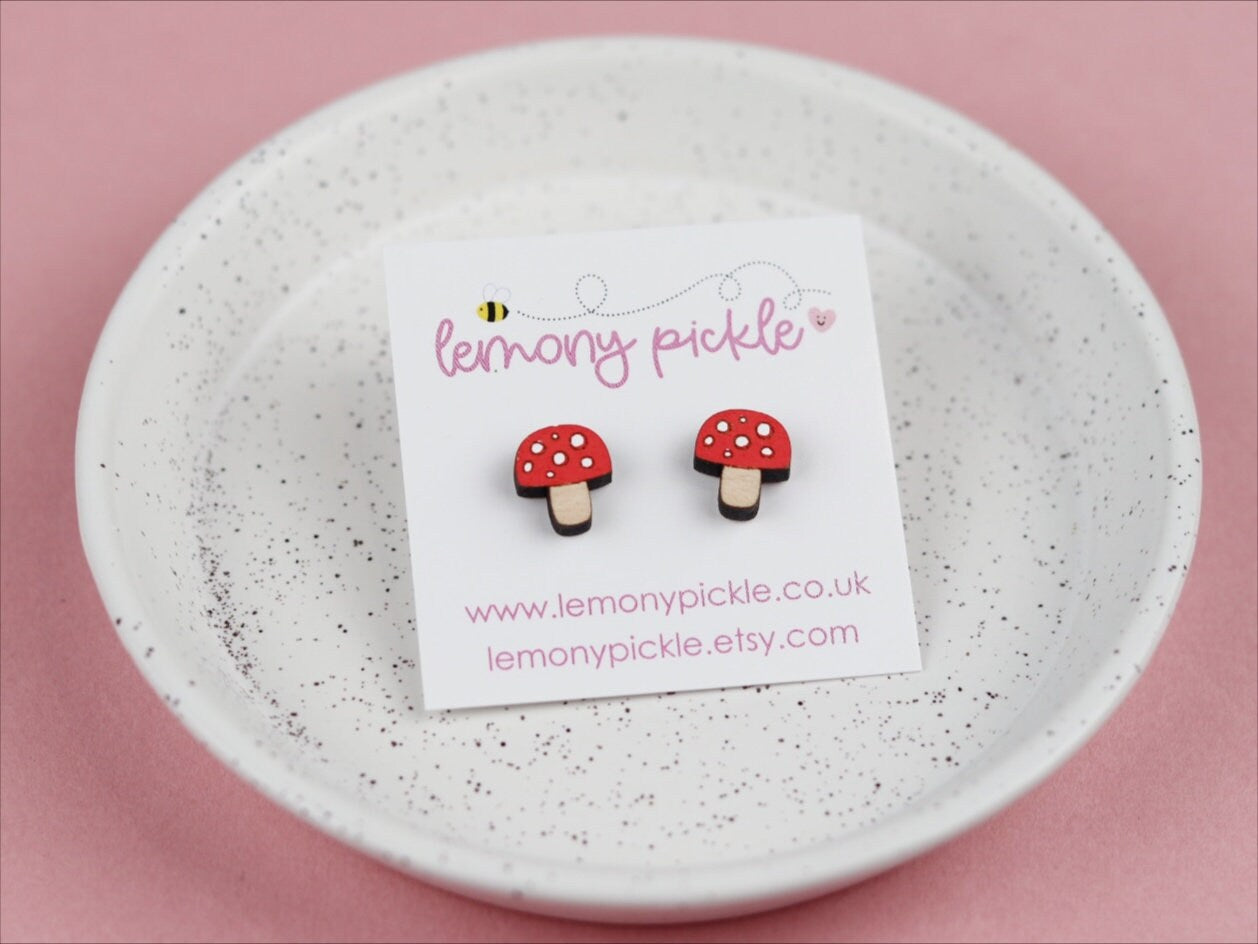 Mushroom Earrings | Handpainted Wooden Studs