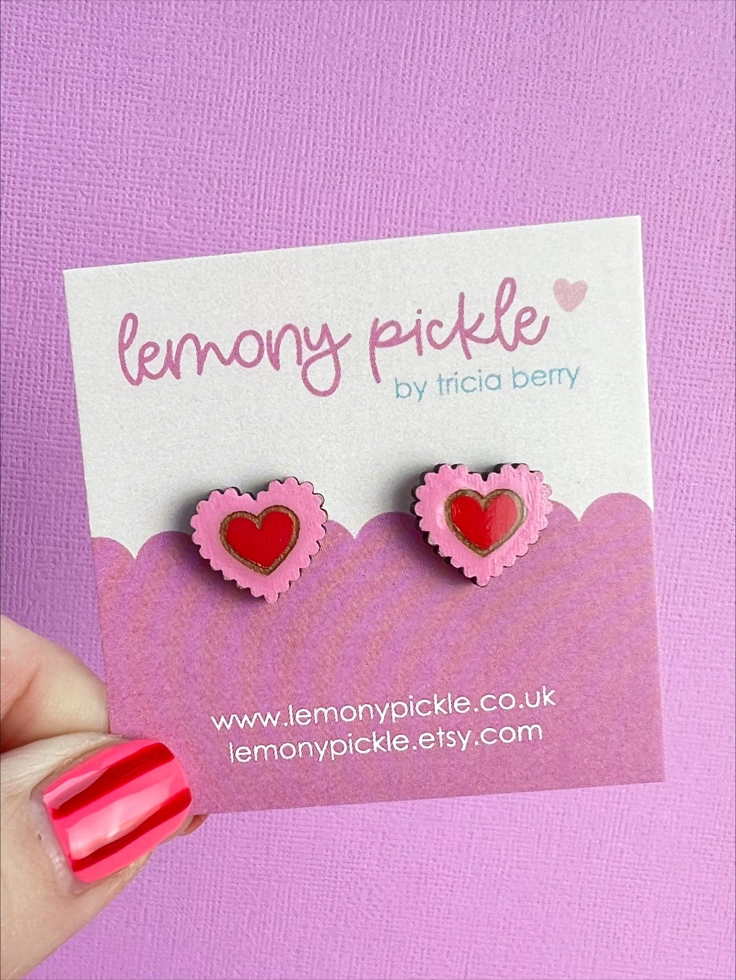 Pink and Red Scalloped Heart Earrings | Handpainted Wooden Studs