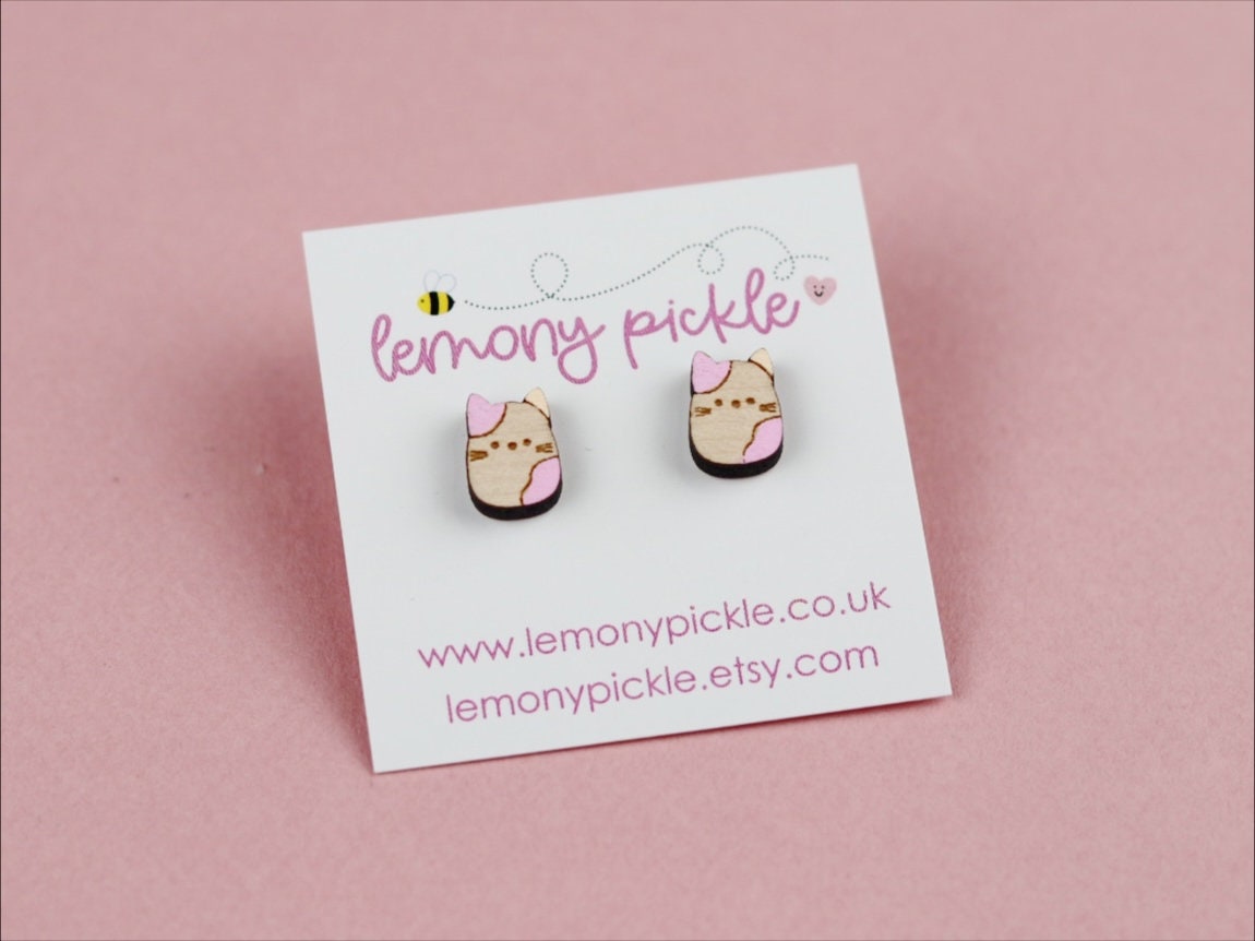 Squishy Cat Earrings | Handpainted Wooden Studs