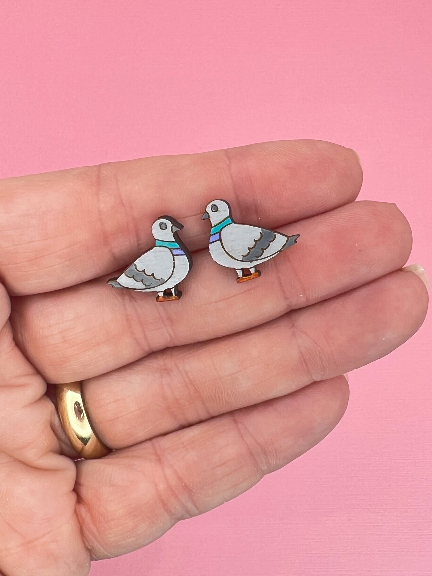Pigeon Earrings | Handpainted Wooden Studs