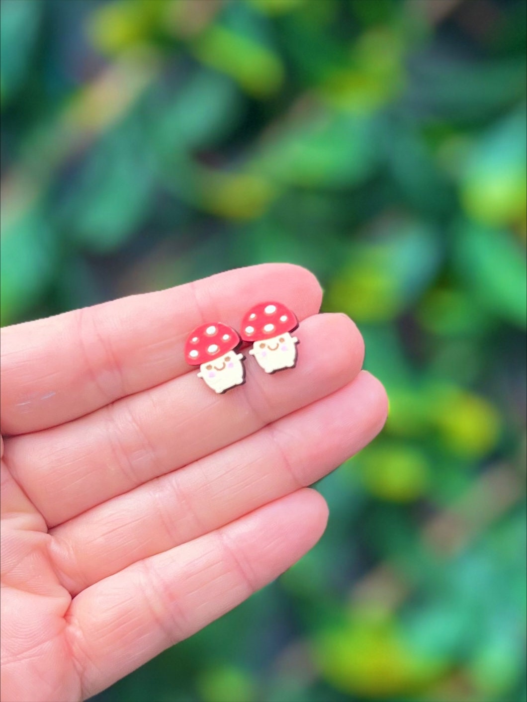 Kawaii Mushroom Earrings | Handpainted Wooden Studs