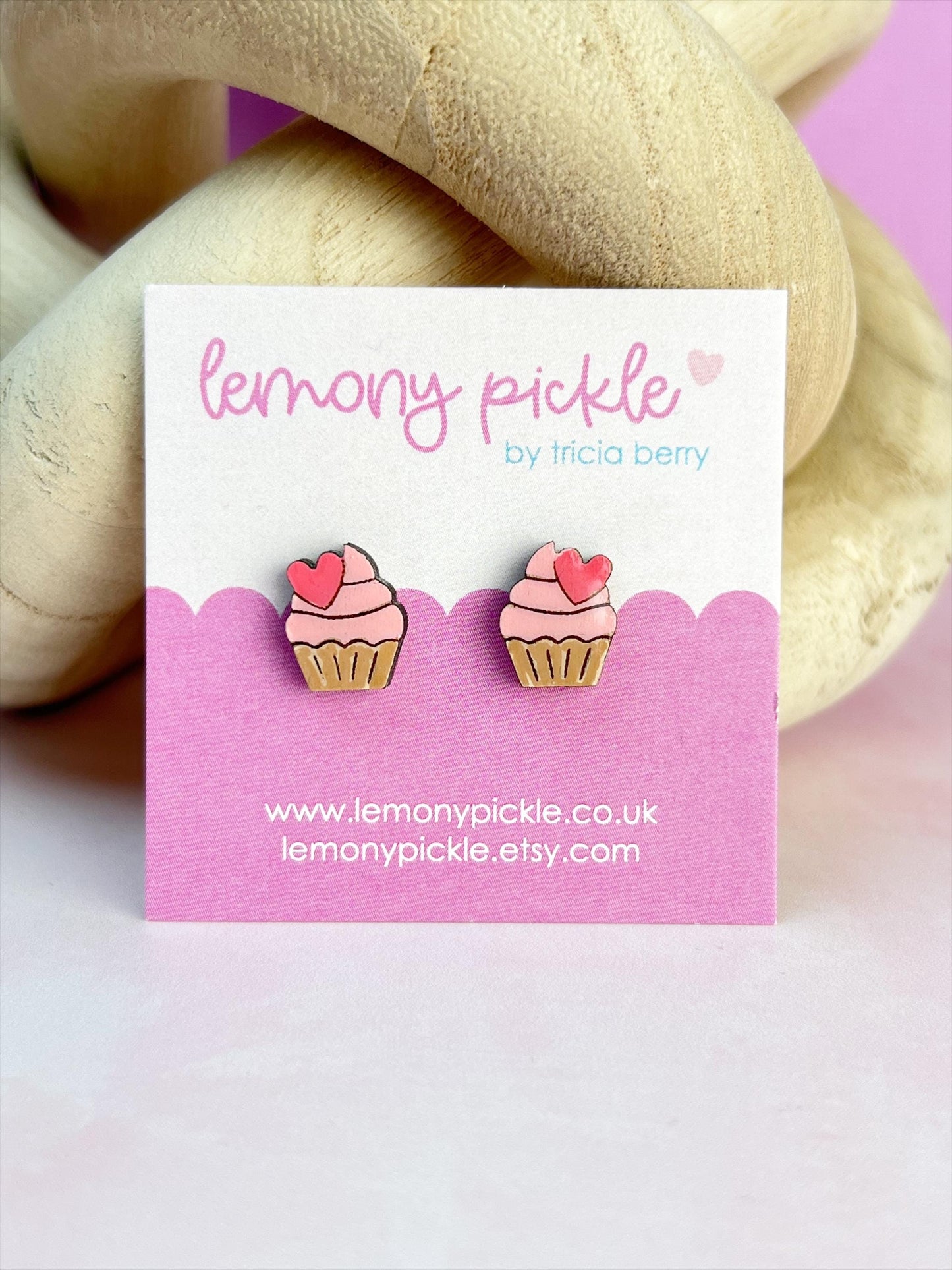 Pink Cupcake Earrings | Handpainted Wooden Studs