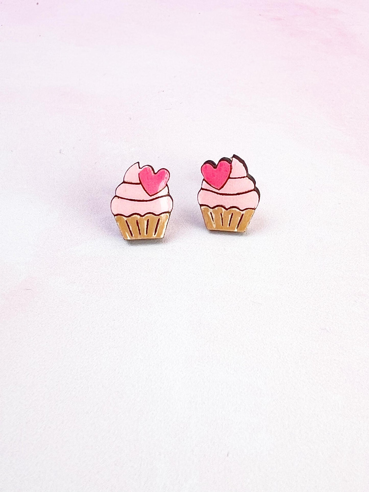 Pink Cupcake Earrings | Handpainted Wooden Studs