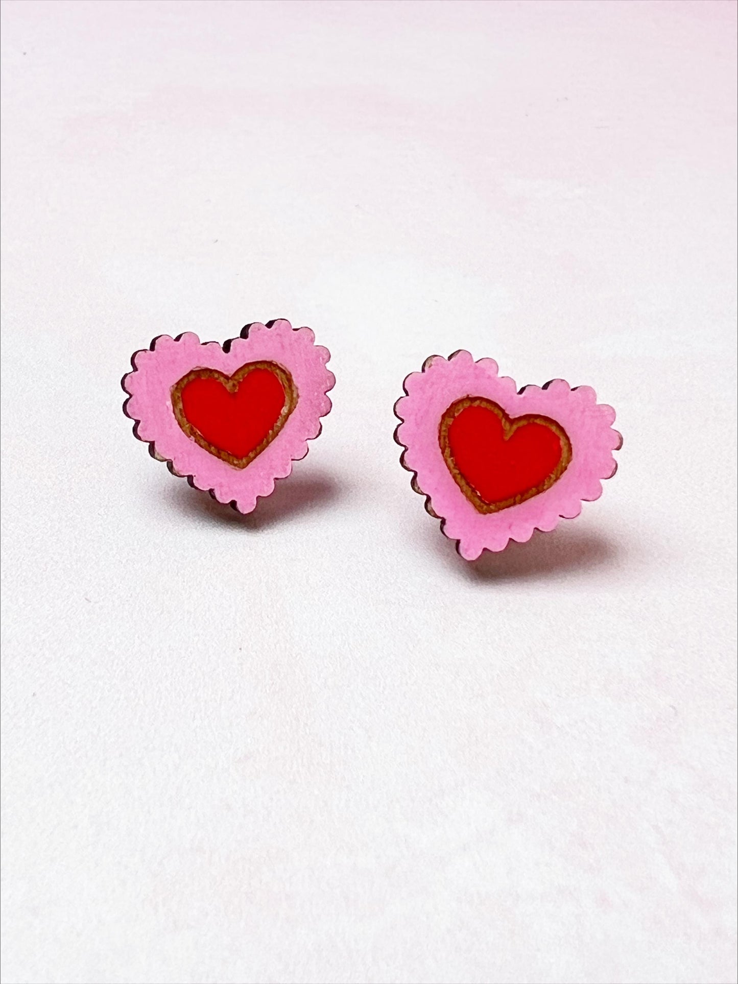Pink and Red Scalloped Heart Earrings | Handpainted Wooden Studs