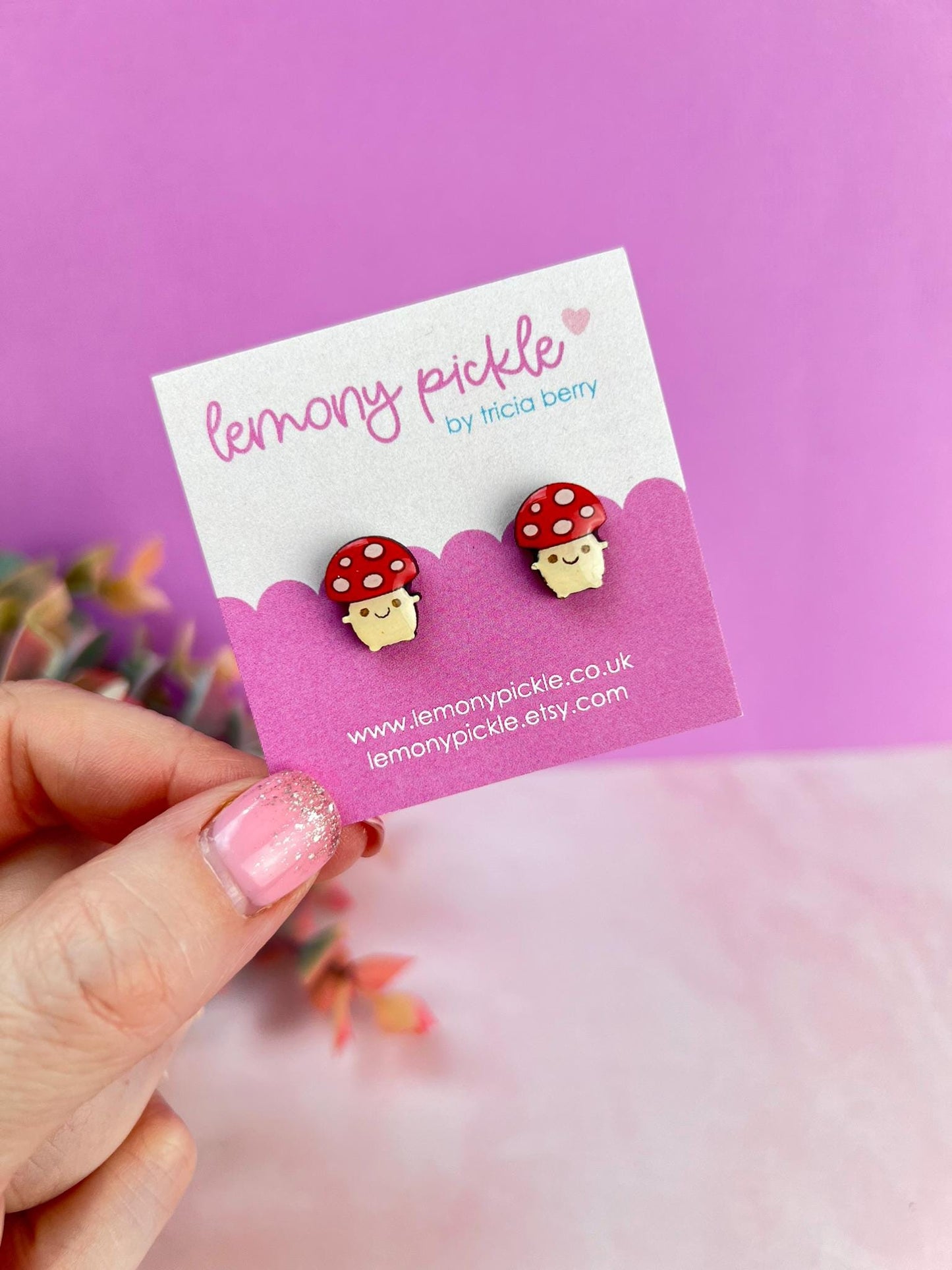 Kawaii Mushroom Earrings | Handpainted Wooden Studs