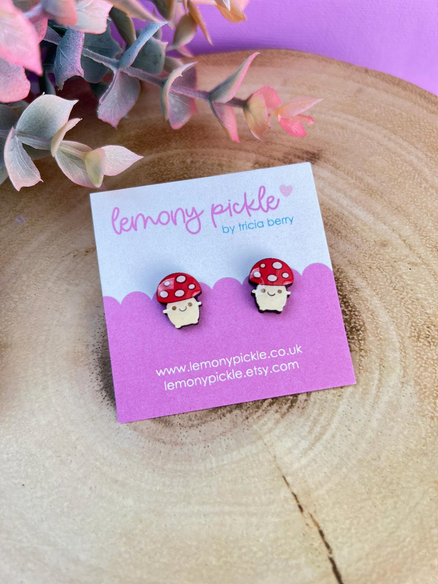 Kawaii Mushroom Earrings | Handpainted Wooden Studs