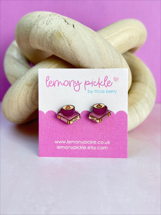 Coffee and Book Earrings | Hand Painted Wooden Studs