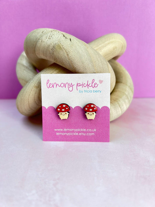 Kawaii Mushroom Earrings | Handpainted Wooden Studs