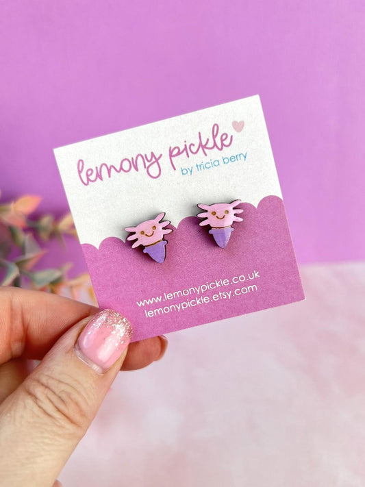 Axolotl Earrings | Hand Painted Wooden Studs