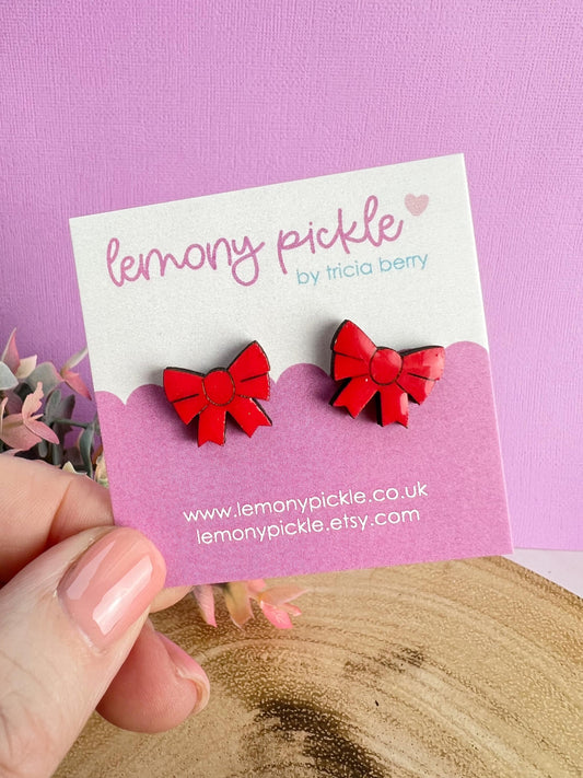 Ribbon Bow Earrings | Handpainted Wooden Studs