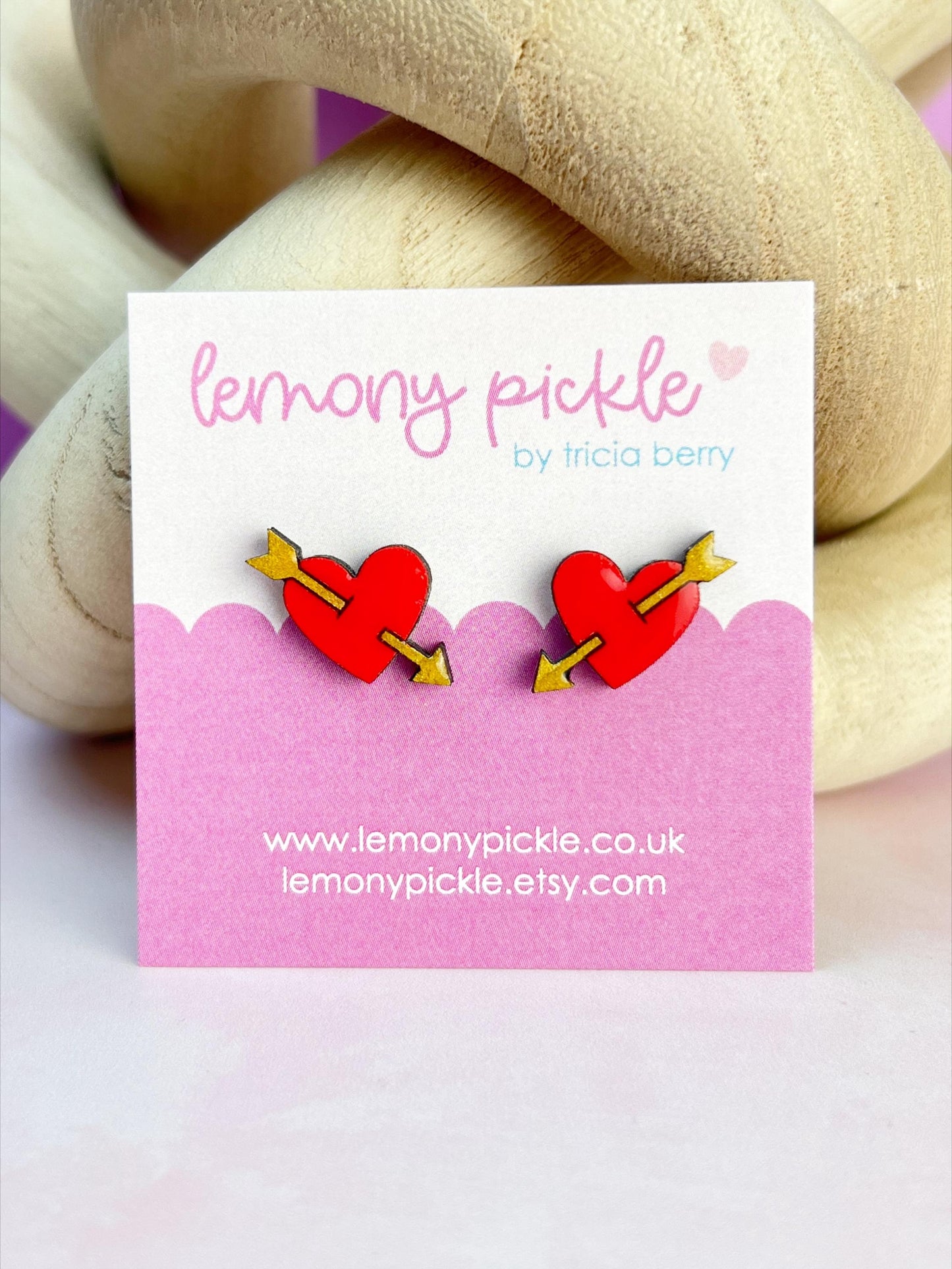 Heart Earrings with Arrows | Handpainted Wooden Studs