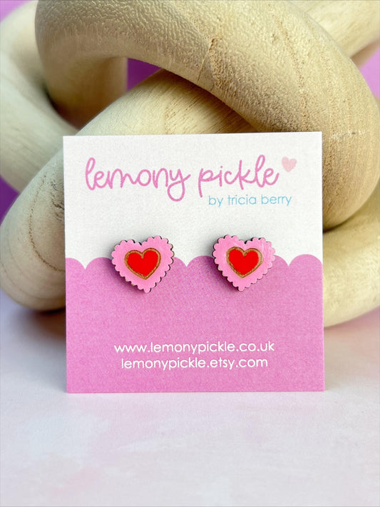 Pink and Red Scalloped Heart Earrings | Handpainted Wooden Studs