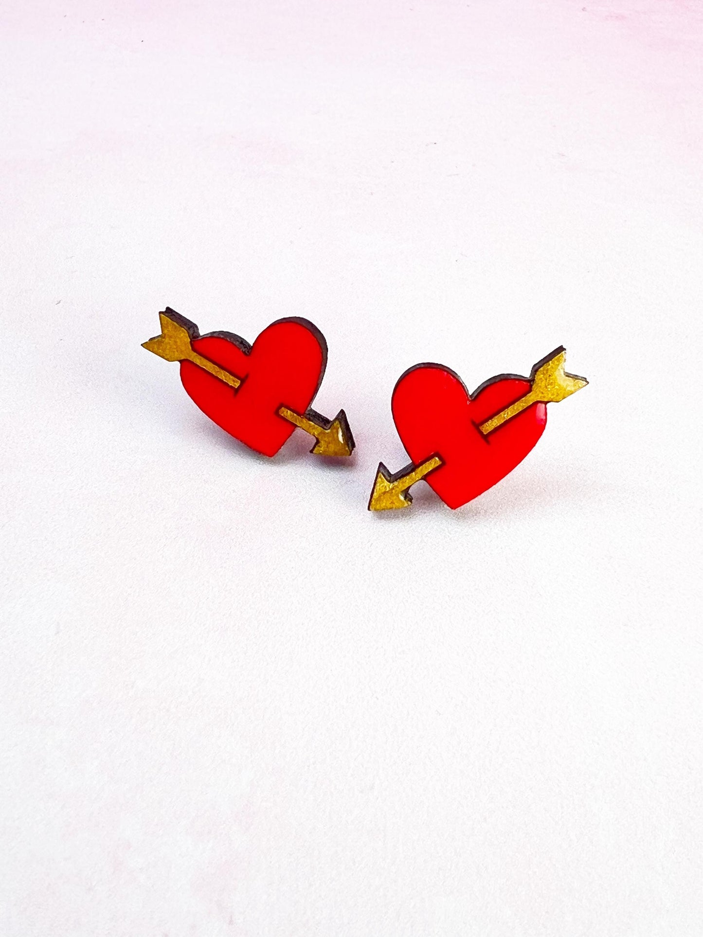 Heart Earrings with Arrows | Handpainted Wooden Studs