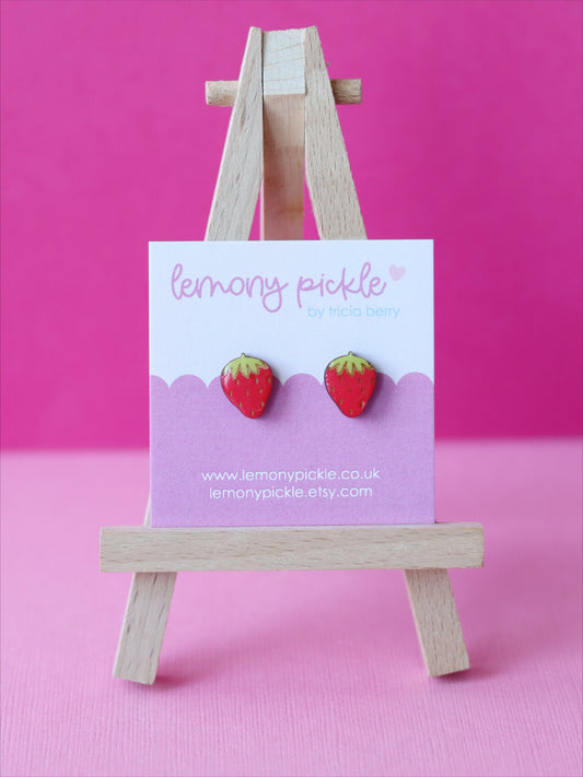 Strawberry Earrings | Hand Painted Wooden Studs