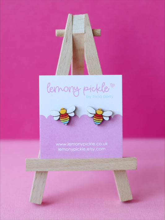 Rainbow Bee Earrings | Handpainted Wooden Studs