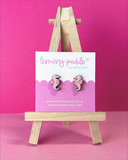 Seahorse Earrings | Hand Painted Wooden Studs