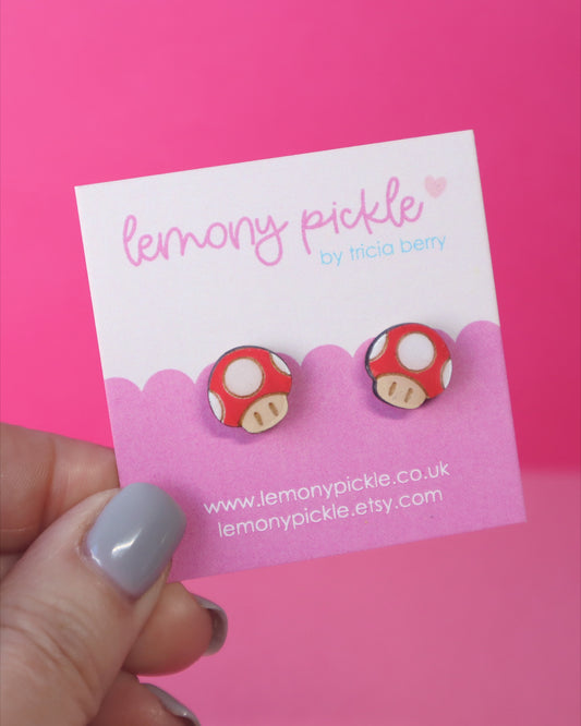 Gaming Mushroom Earrings | Hand Painted Wooden Studs