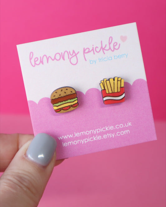 Burger and Fries Earrings | Hand Painted Wooden Studs