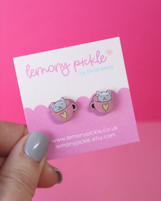 Cats in Cups Earrings | Hand Painted Wooden Studs