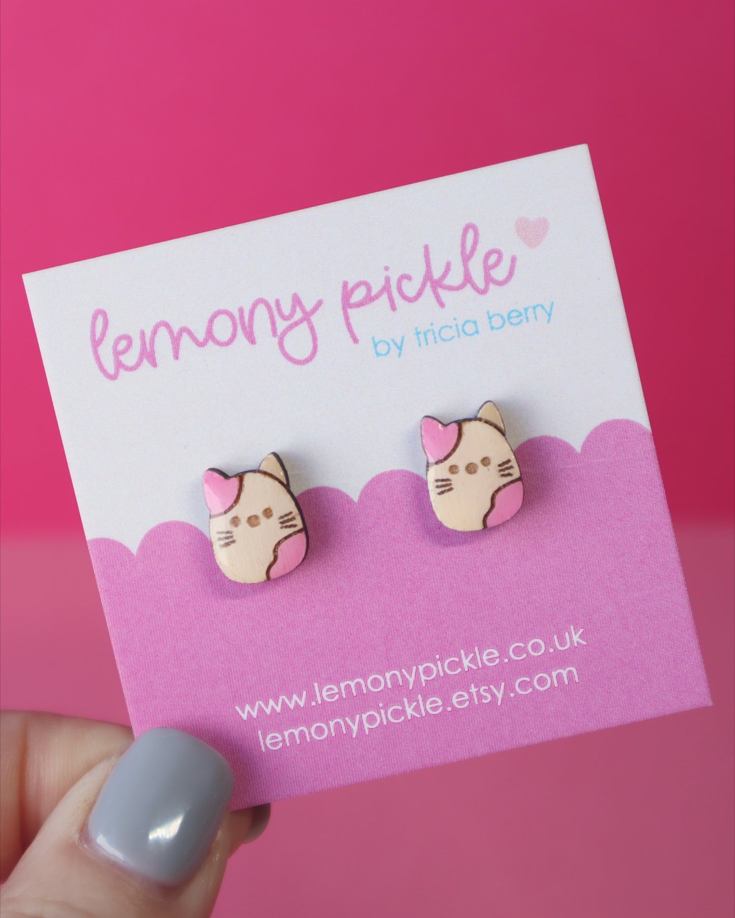 Squishy Cat Earrings | Handpainted Wooden Studs