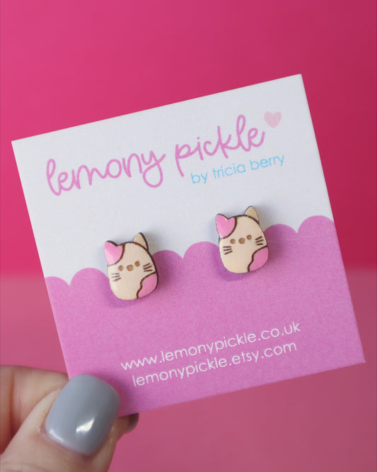 Squishy Cat Earrings | Handpainted Wooden Studs