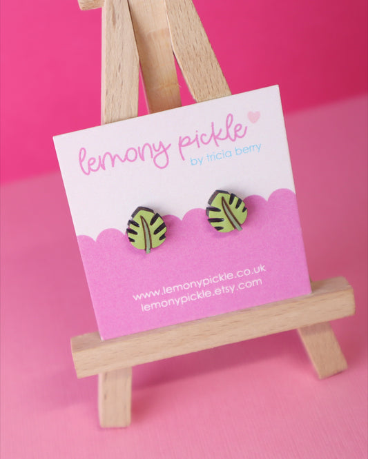 Monstera Earrings | Hand Painted Wooden Studs