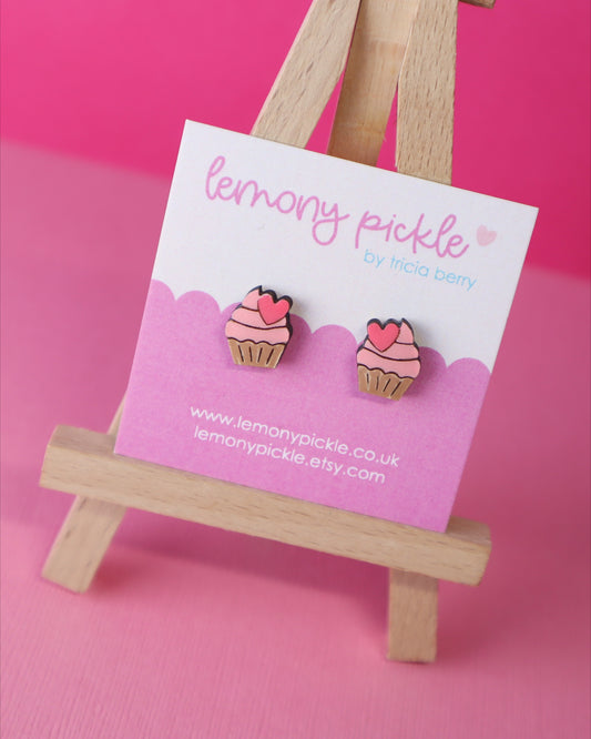 Pink Cupcake Earrings | Handpainted Wooden Studs