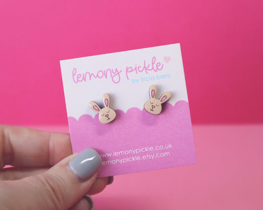 Cute Bunny Earrings | Handpainted Wooden Studs