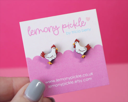 Chicken Earrings | Handpainted Wooden Studs