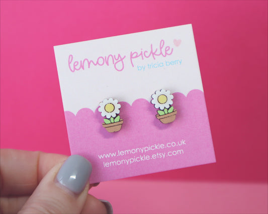 Flower Pot Earrings | Hand Painted Wooden Studs