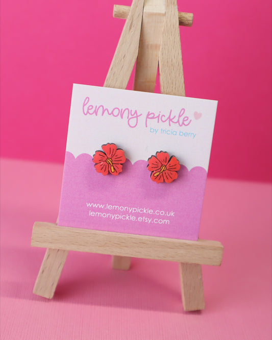 Hibiscus Flower Earrings | Handpainted Wooden Studs