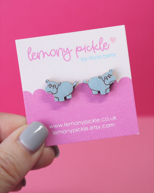 Hippo Earrings | Handpainted Wooden Studs