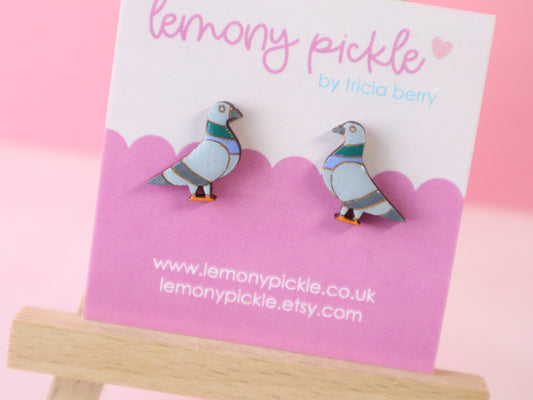 Pigeon Earrings | Handpainted Wooden Studs