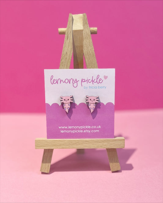 Axolotl Earrings | Hand Painted Wooden Studs