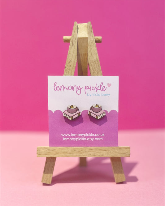 Coffee and Book Earrings | Hand Painted Wooden Studs
