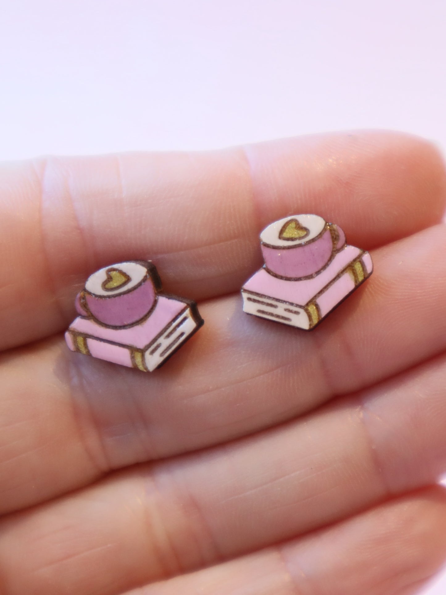 Coffee and Book Earrings | Hand Painted Wooden Studs