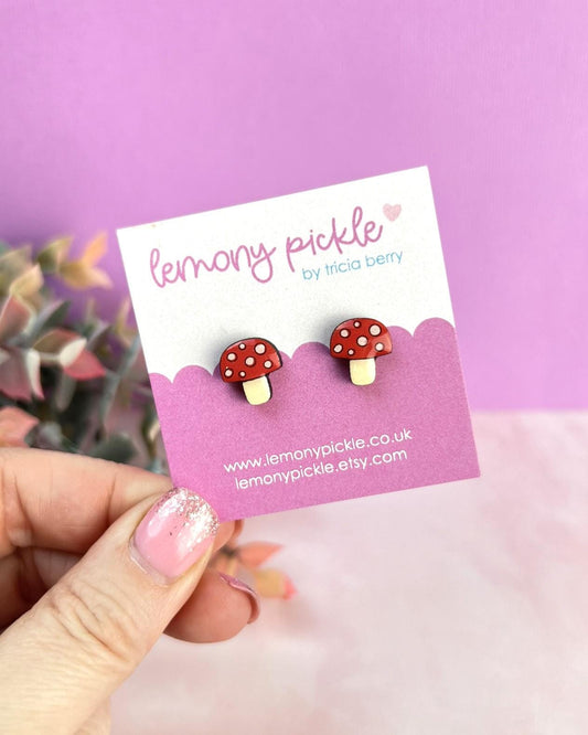 Mushroom Earrings | Handpainted Wooden Studs