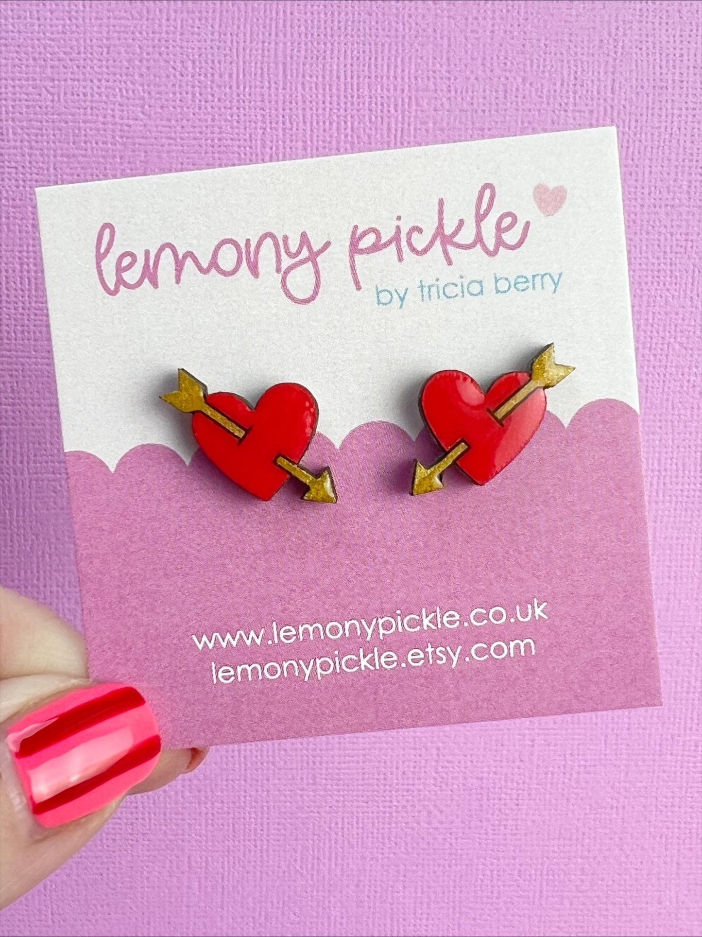 Heart Earrings with Arrows | Handpainted Wooden Studs