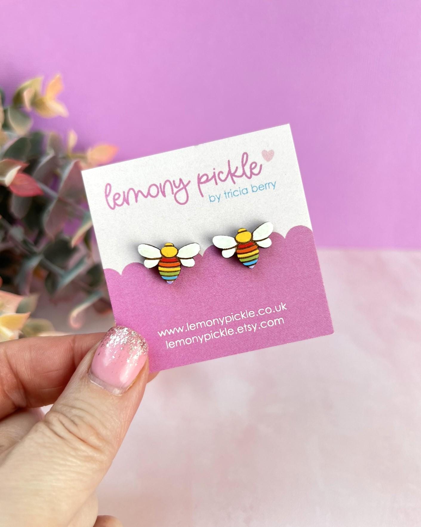 Rainbow Bee Earrings | Handpainted Wooden Studs