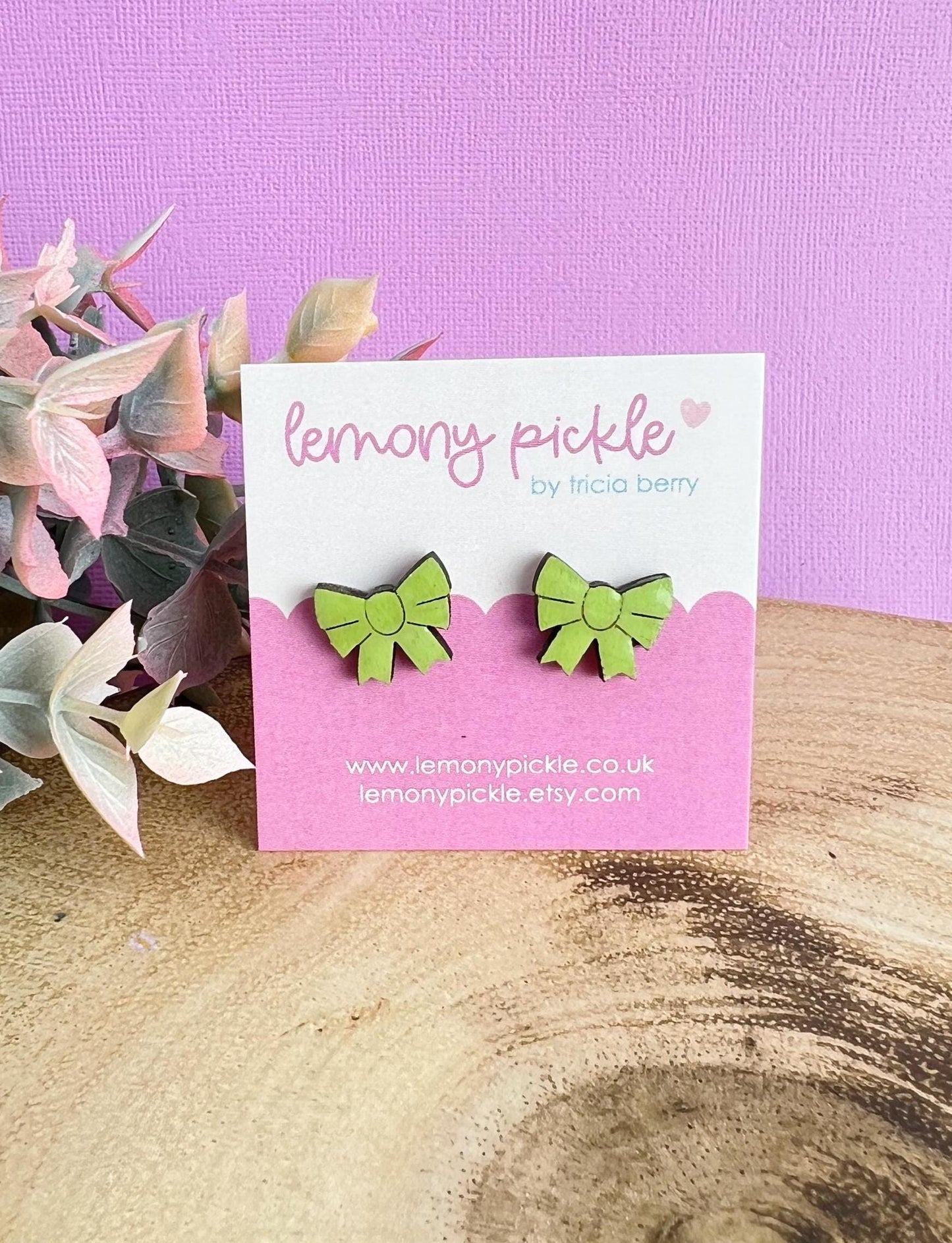 Ribbon Bow Earrings | Handpainted Wooden Studs
