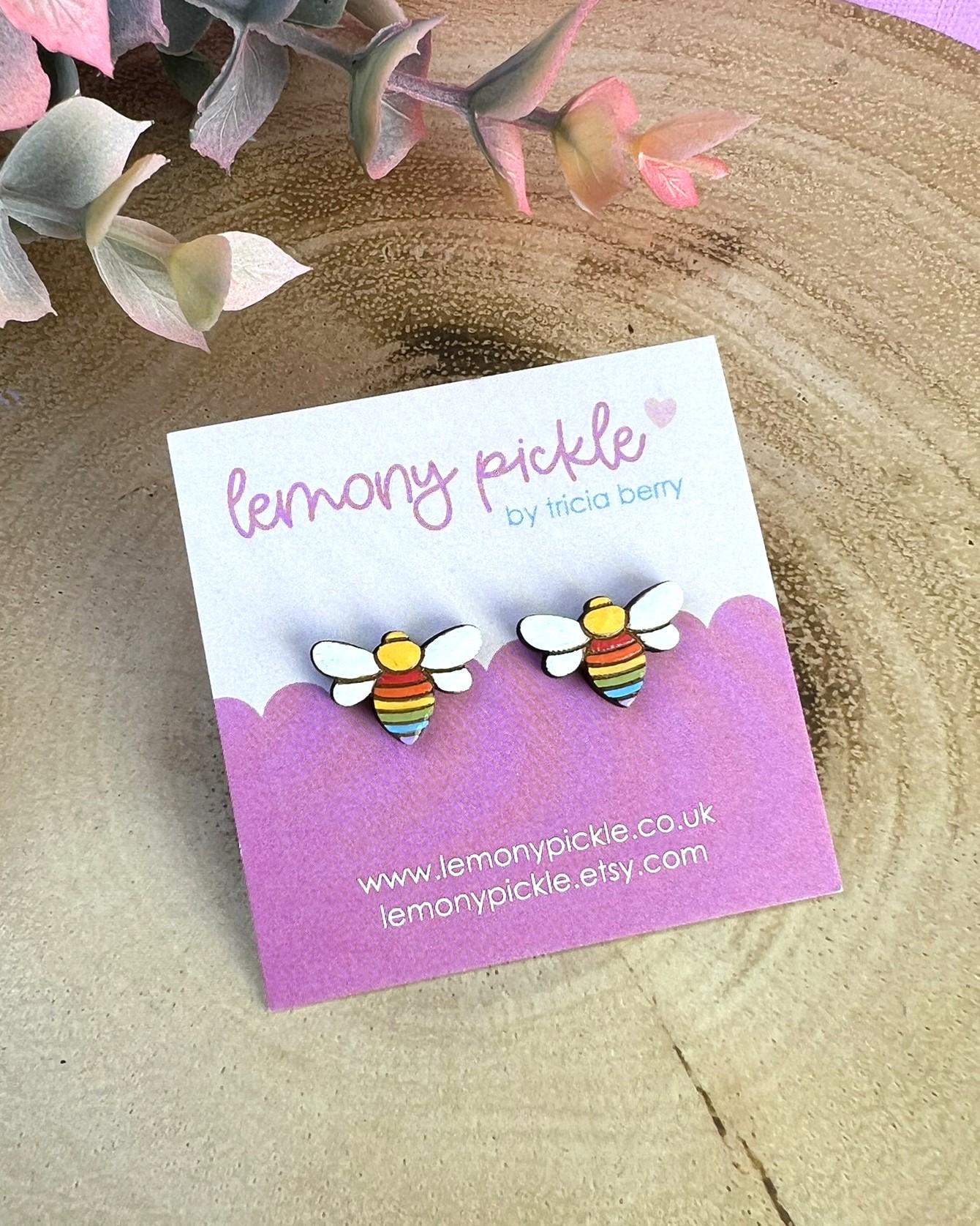 Rainbow Bee Earrings | Handpainted Wooden Studs